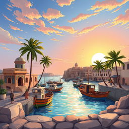 A vibrant and colorful illustration showcasing the unique architectural features of Bushehr province in Iran, featuring traditional Persian buildings with intricate tile work, the iconic Bushehr harbor with fishing boats, palm trees swaying in the gentle breeze, and the sun setting beautifully over the Persian Gulf