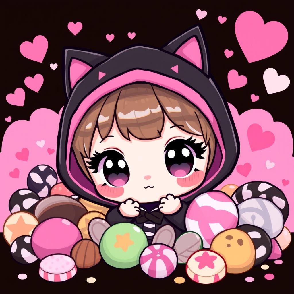 A cute cartoon character inspired by a gothic aesthetic, featuring a small, round figure with large expressive eyes, adorned with a black hood and vivid pink accents