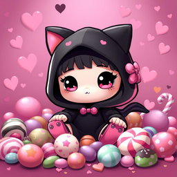 A cute cartoon character inspired by a gothic aesthetic, featuring a small, round figure with large expressive eyes, adorned with a black hood and vivid pink accents