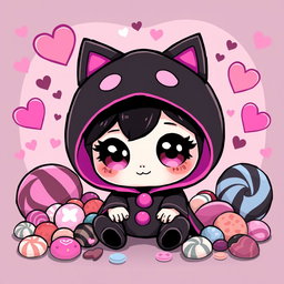 A cute cartoon character inspired by a gothic aesthetic, featuring a small, round figure with large expressive eyes, adorned with a black hood and vivid pink accents