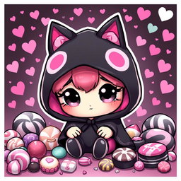 A cute cartoon character inspired by a gothic aesthetic, featuring a small, round figure with large expressive eyes, adorned with a black hood and vivid pink accents