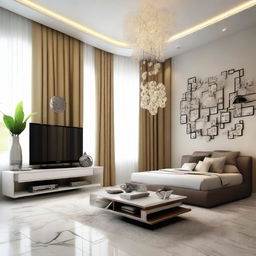 A room furnished in a modern style, adorned with unique and innovative decorations enhancing its aesthetic appeal.