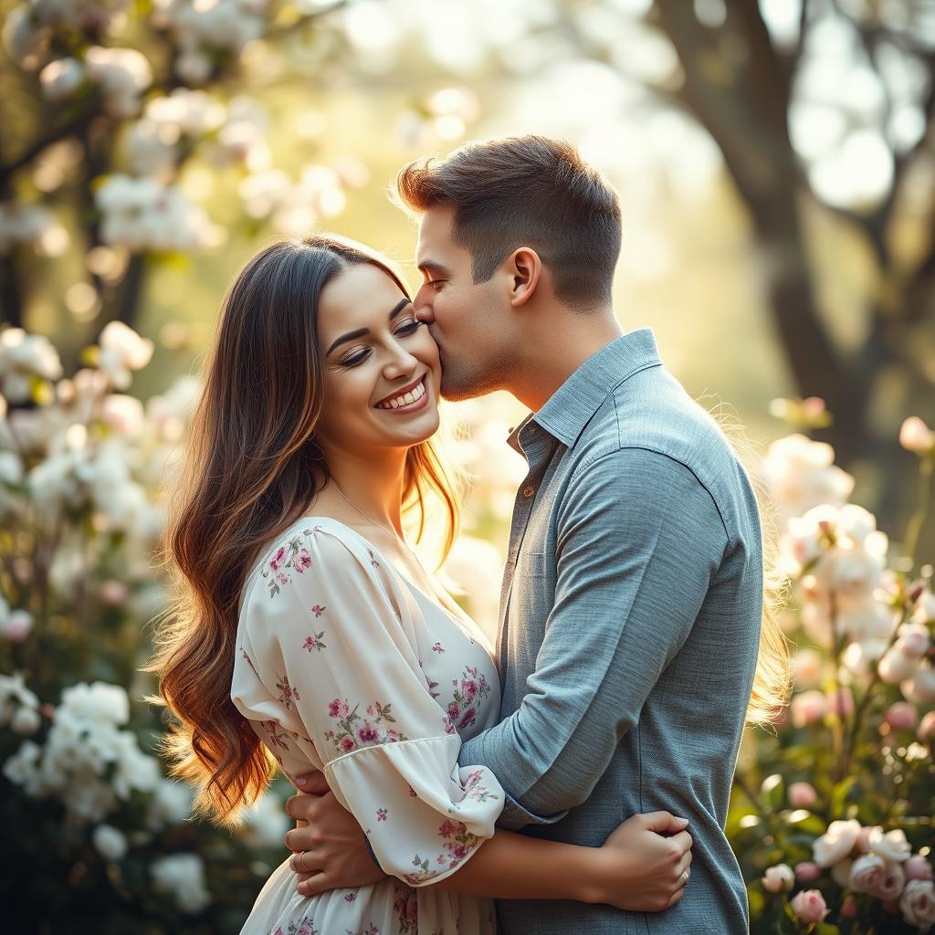 A romantic scene featuring a couple, a man gently kissing a beautiful woman on the cheek