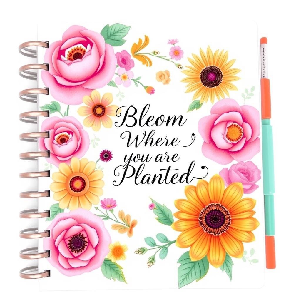 A vibrant and artistic planner cover featuring a colorful floral design with intricate details
