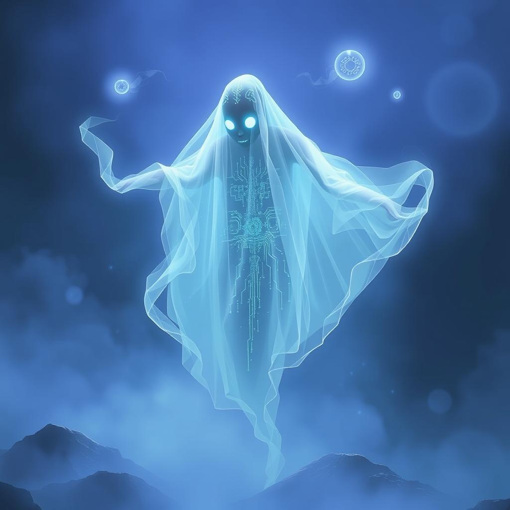 A ghostly figure named Ghost Matic, appearing in a spectral form, floating through a misty, ethereal landscape