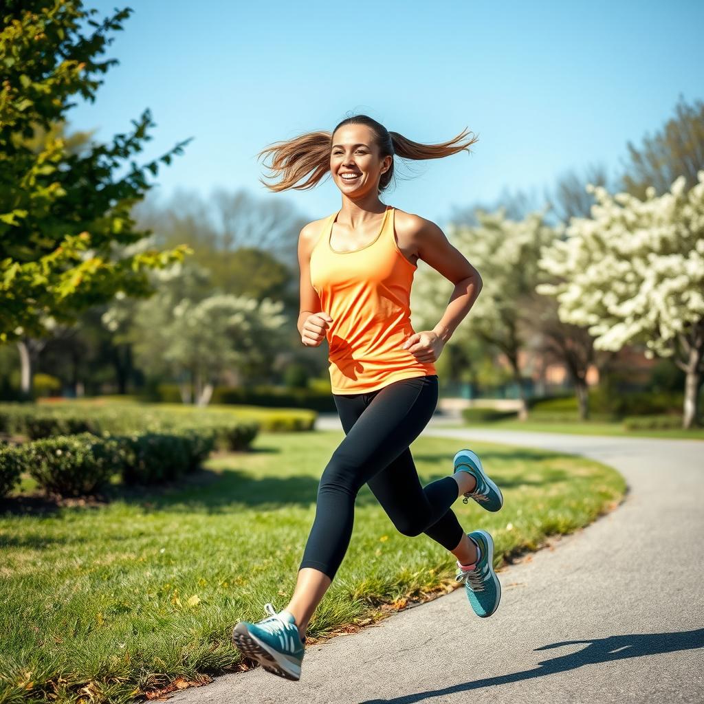 A dynamic scene capturing a young woman running energetically outdoors
