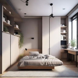 A small room cleverly designed with a modern and cool vibe, featuring a bed, a desk, and a closet all fitting perfectly without overcrowding.