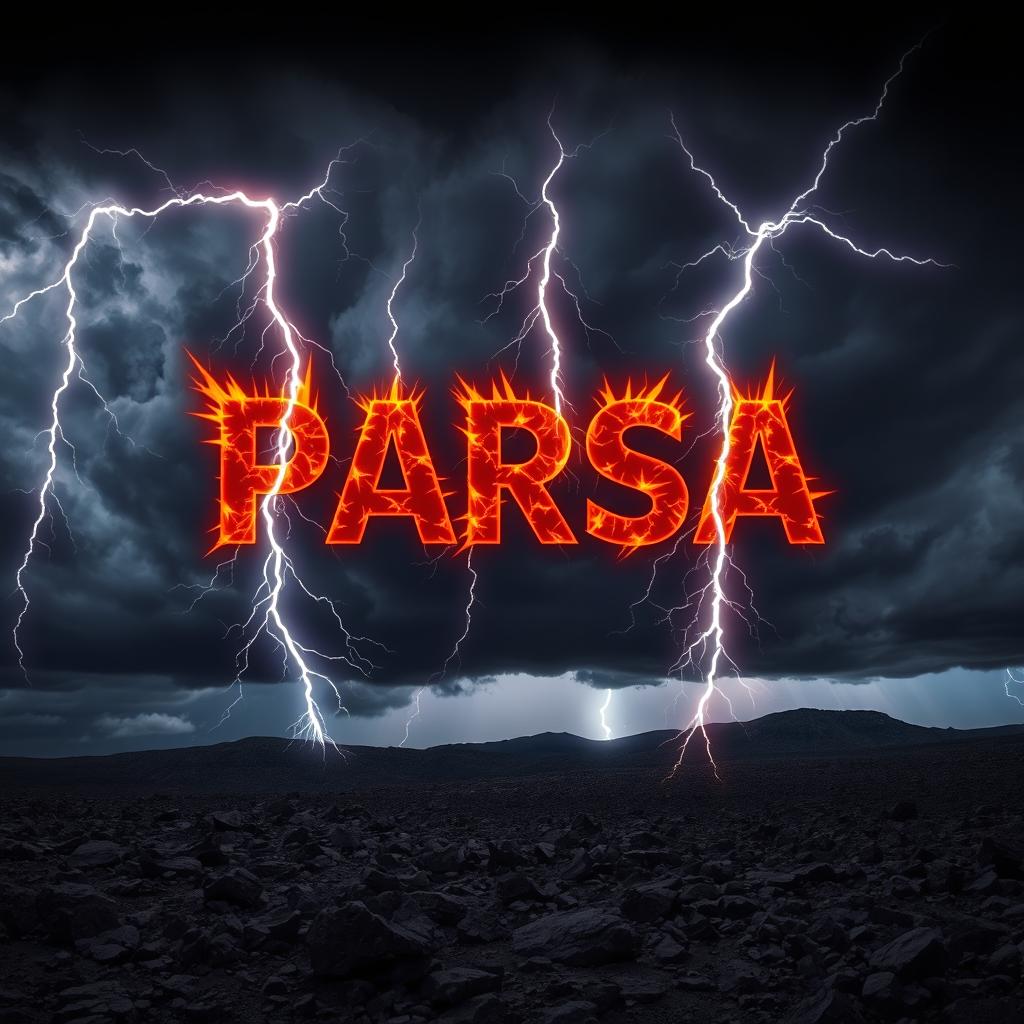 A dramatic scene showcasing the name 'Parsa' illuminated against a stormy sky, with multiple vivid lightning bolts striking down ominously around it
