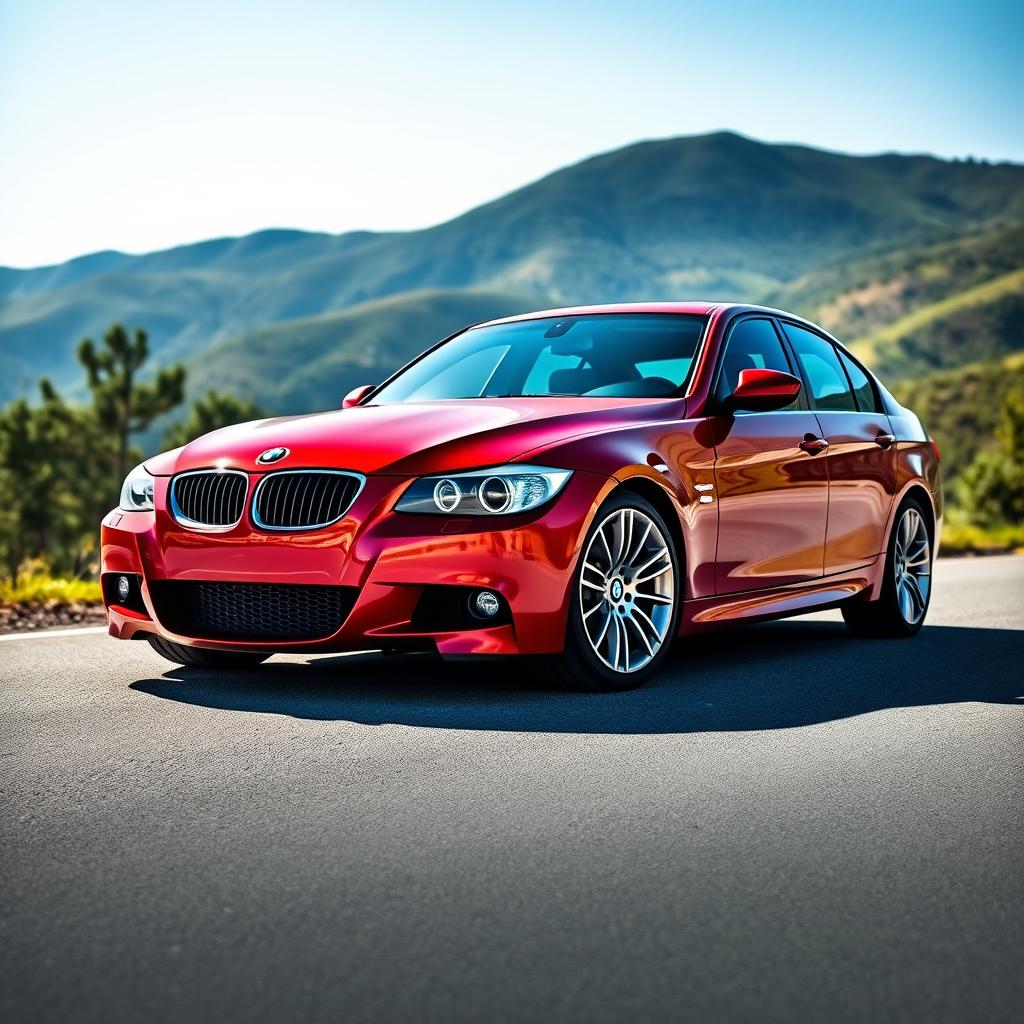 A striking BMW E90 sedan painted in Aventurin Red Metallic, showcasing its sleek lines and iconic kidney grille
