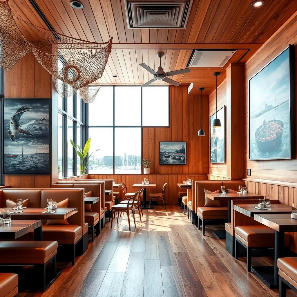 A seafood restaurant interior featuring Wood Plastic Composite (WPC) materials for wall paneling and flooring, creating a durable and moisture-resistant environment