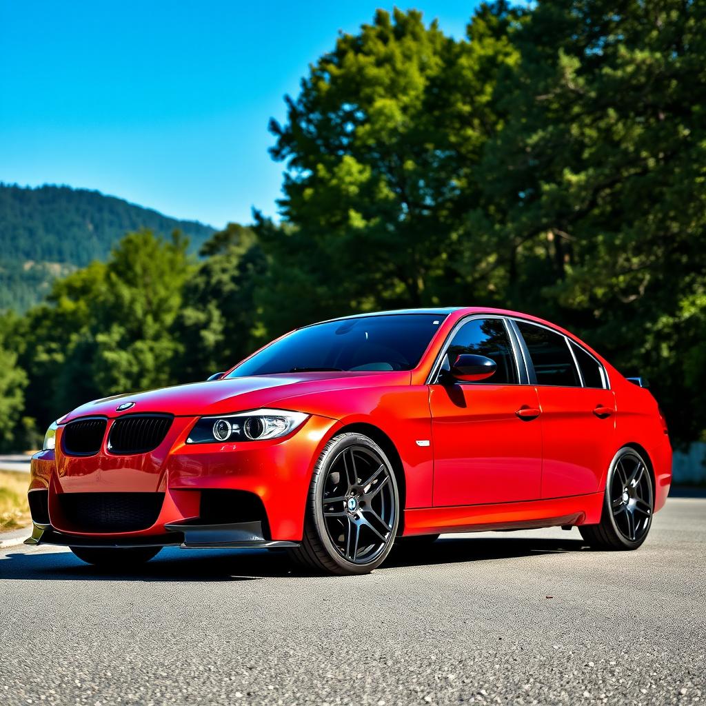 A stunning BMW E90 sedan in Aventurin Red Metallic, featuring a black piano lip, black kidney grills, a sleek black spoiler, and glossy black side mirrors