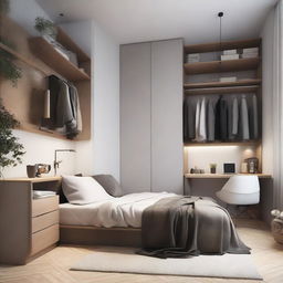 A small room cleverly designed with a modern and cool vibe, featuring a bed, a desk, and a closet all fitting perfectly without overcrowding.