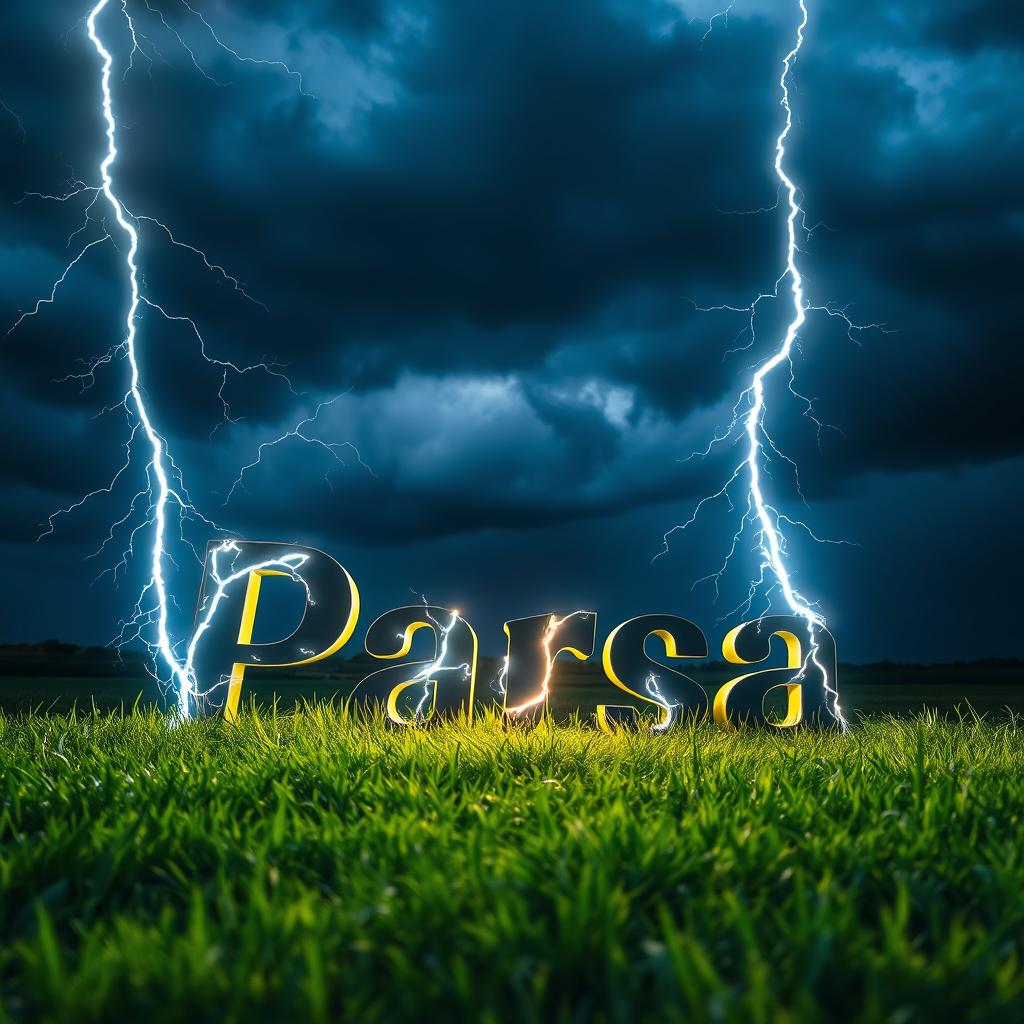 A close-up photograph of the name 'Parsa' on a grassy field, vividly illuminated by multiple striking lightning bolts
