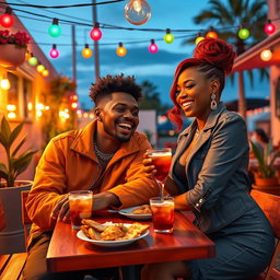 A vibrant scene depicting two popular personalities, KSI and Ice Spice, enjoying a romantic date at a trendy outdoor café