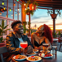A vibrant scene depicting two popular personalities, KSI and Ice Spice, enjoying a romantic date at a trendy outdoor café