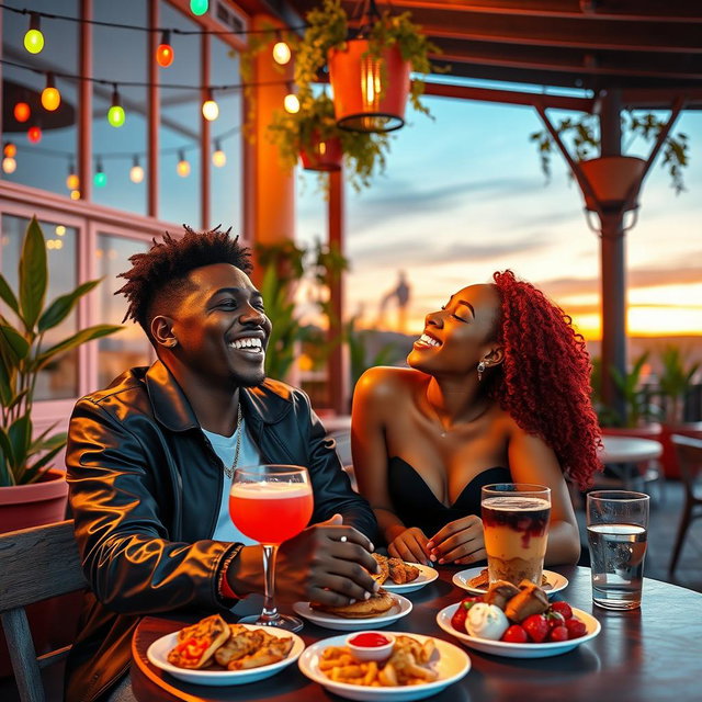 A vibrant scene depicting two popular personalities, KSI and Ice Spice, enjoying a romantic date at a trendy outdoor café