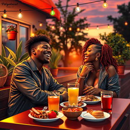 A vibrant scene depicting two popular personalities, KSI and Ice Spice, enjoying a romantic date at a trendy outdoor café