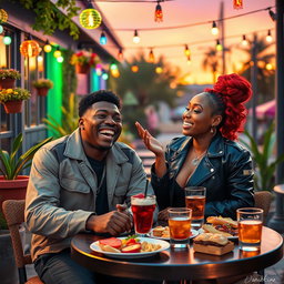 A vibrant scene depicting two popular personalities, KSI and Ice Spice, enjoying a romantic date at a trendy outdoor café
