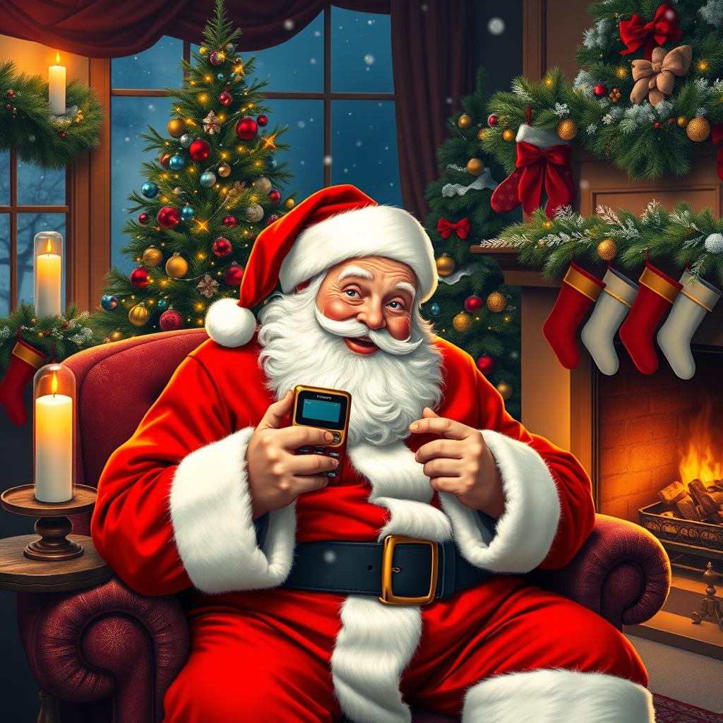 A whimsical scene of Santa Claus sitting in a cozy, candle-lit room, holding a classic Nokia 1100 mobile phone