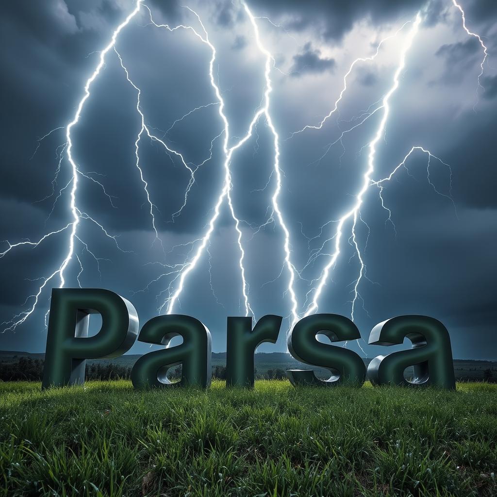An artistic photograph capturing the name 'Parsa' in striking font, dramatically illuminated by several powerful lightning bolts