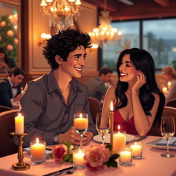 A charming scene depicting Lucas Graham and Olivia Rodrigo on a romantic date at a cozy, dimly-lit restaurant