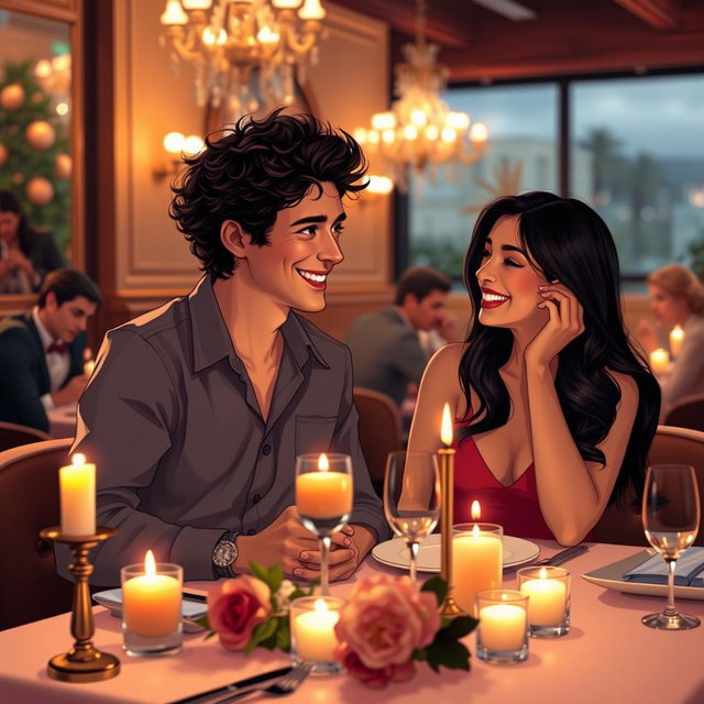 A charming scene depicting Lucas Graham and Olivia Rodrigo on a romantic date at a cozy, dimly-lit restaurant