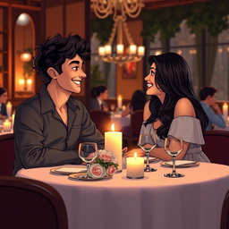 A charming scene depicting Lucas Graham and Olivia Rodrigo on a romantic date at a cozy, dimly-lit restaurant