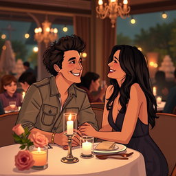 A charming scene depicting Lucas Graham and Olivia Rodrigo on a romantic date at a cozy, dimly-lit restaurant