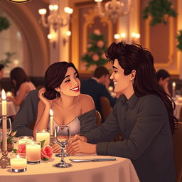 A charming scene depicting Lucas Graham and Olivia Rodrigo on a romantic date at a cozy, dimly-lit restaurant