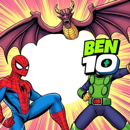 A dynamic comic book style illustration featuring Spider-Man on the left side of the image, with an empty space at the center for potential text