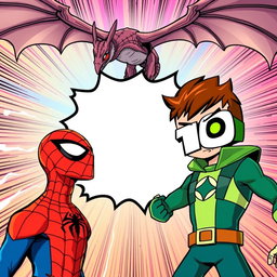 A dynamic comic book style illustration featuring Spider-Man on the left side of the image, with an empty space at the center for potential text