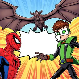 A dynamic comic book style illustration featuring Spider-Man on the left side of the image, with an empty space at the center for potential text