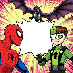 A dynamic comic book style illustration featuring Spider-Man on the left side of the image, with an empty space at the center for potential text