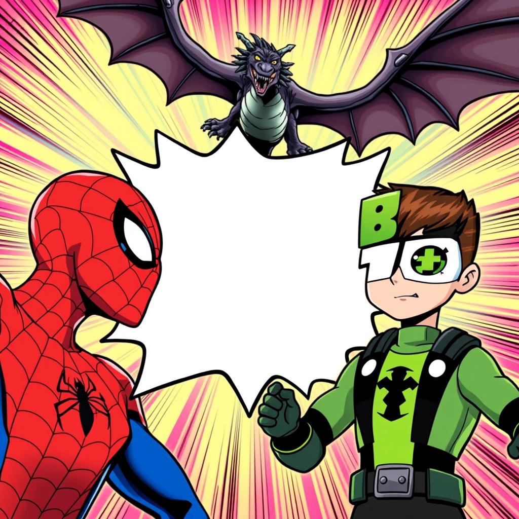 A dynamic comic book style illustration featuring Spider-Man on the left side of the image, with an empty space at the center for potential text