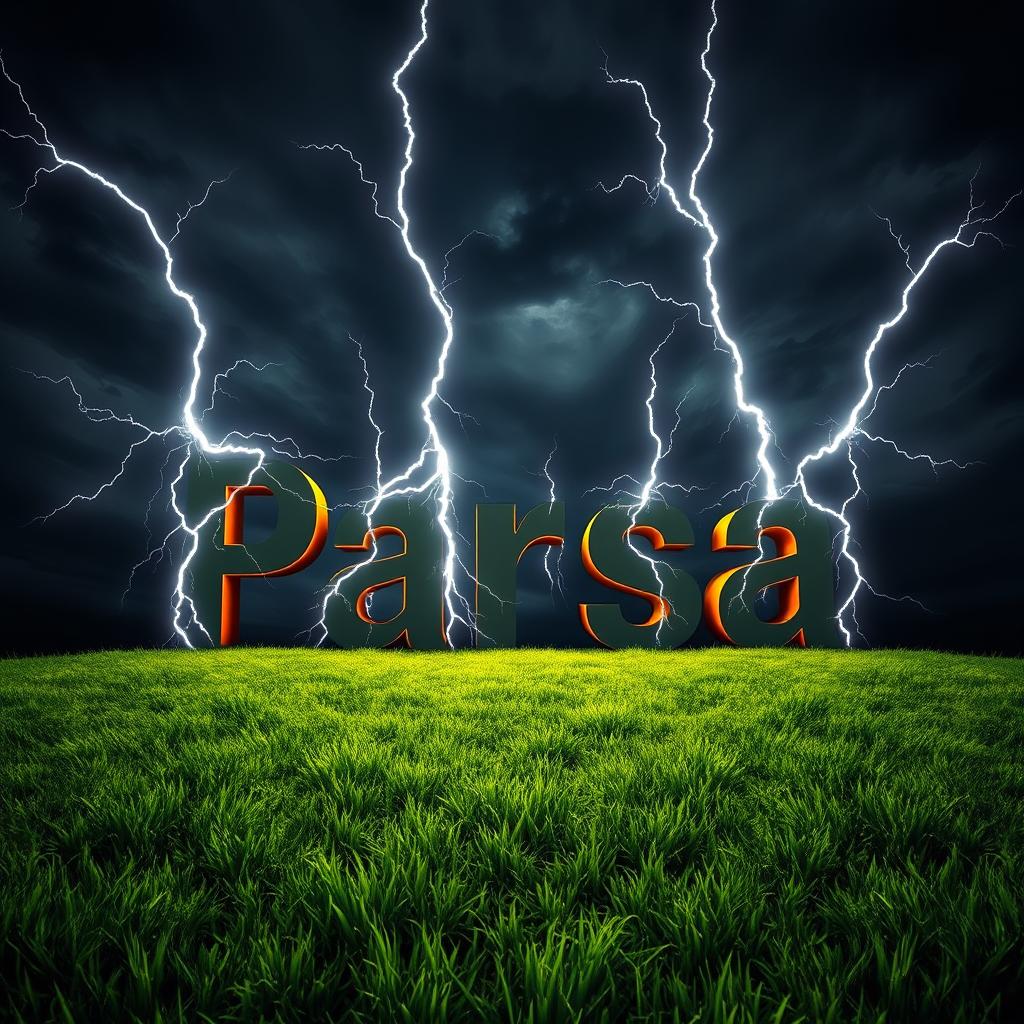 A captivating photograph featuring the name 'Parsa' crafted in bold, striking typography, dramatically illuminated by several intense lightning bolts