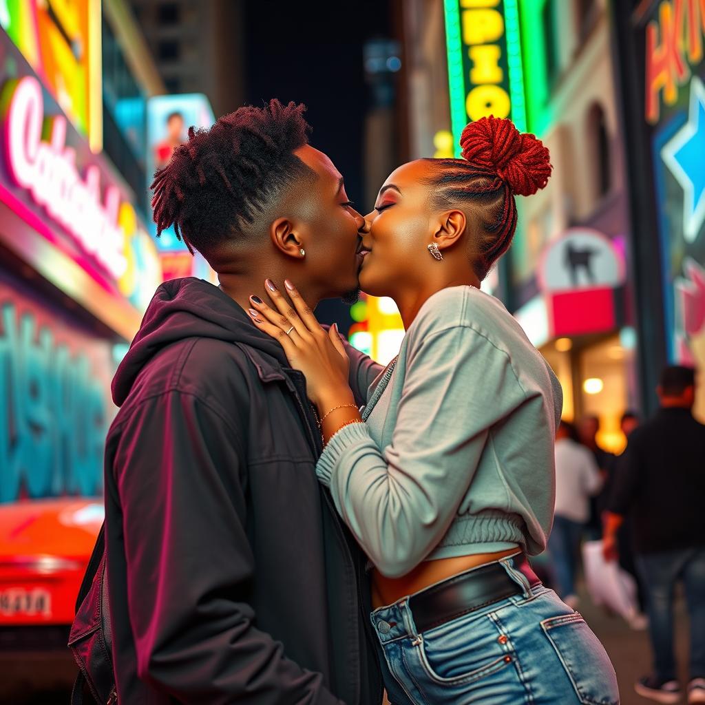 A romantic scene featuring KSI and Ice Spice sharing a sweet kiss in a vibrant urban setting