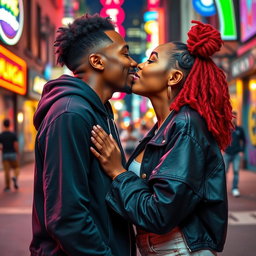 A romantic scene featuring KSI and Ice Spice sharing a sweet kiss in a vibrant urban setting