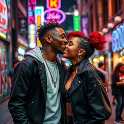 A romantic scene featuring KSI and Ice Spice sharing a sweet kiss in a vibrant urban setting