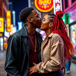 A romantic scene featuring KSI and Ice Spice sharing a sweet kiss in a vibrant urban setting