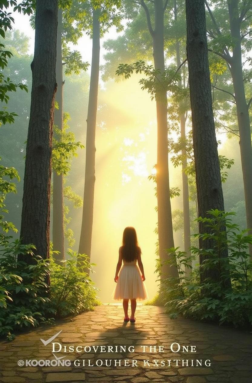 An enchanting forest scene featuring a young girl in a flowing dress, standing on a stone pathway surrounded by towering trees and lush greenery
