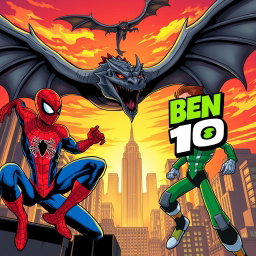 A dynamic comic book style illustration featuring Spider-Man on the left side of the image, with a large, menacing dragon soaring above the scene, and Ben 10 on the right side of the image, ready for action