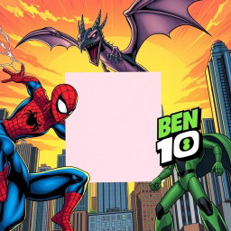 A dynamic comic book style illustration featuring Spider-Man on the left side of the image, with a large, menacing dragon soaring above the scene, and Ben 10 on the right side of the image, ready for action