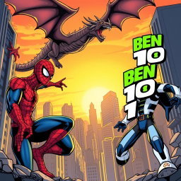 A dynamic comic book style illustration featuring Spider-Man on the left side of the image, with a large, menacing dragon soaring above the scene, and Ben 10 on the right side of the image, ready for action