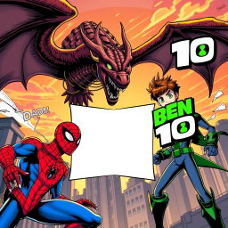 A dynamic comic book style illustration featuring Spider-Man on the left side of the image, with a large, menacing dragon soaring above the scene, and Ben 10 on the right side of the image, ready for action