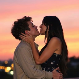 A heartwarming scene showing Lucas Graham and Olivia Rodrigo sharing a tender kiss under a beautiful twilight sky