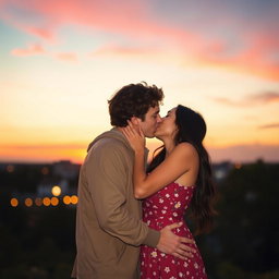 A heartwarming scene showing Lucas Graham and Olivia Rodrigo sharing a tender kiss under a beautiful twilight sky