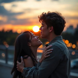 A heartwarming scene showing Lucas Graham and Olivia Rodrigo sharing a tender kiss under a beautiful twilight sky