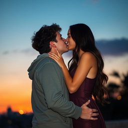 A heartwarming scene showing Lucas Graham and Olivia Rodrigo sharing a tender kiss under a beautiful twilight sky
