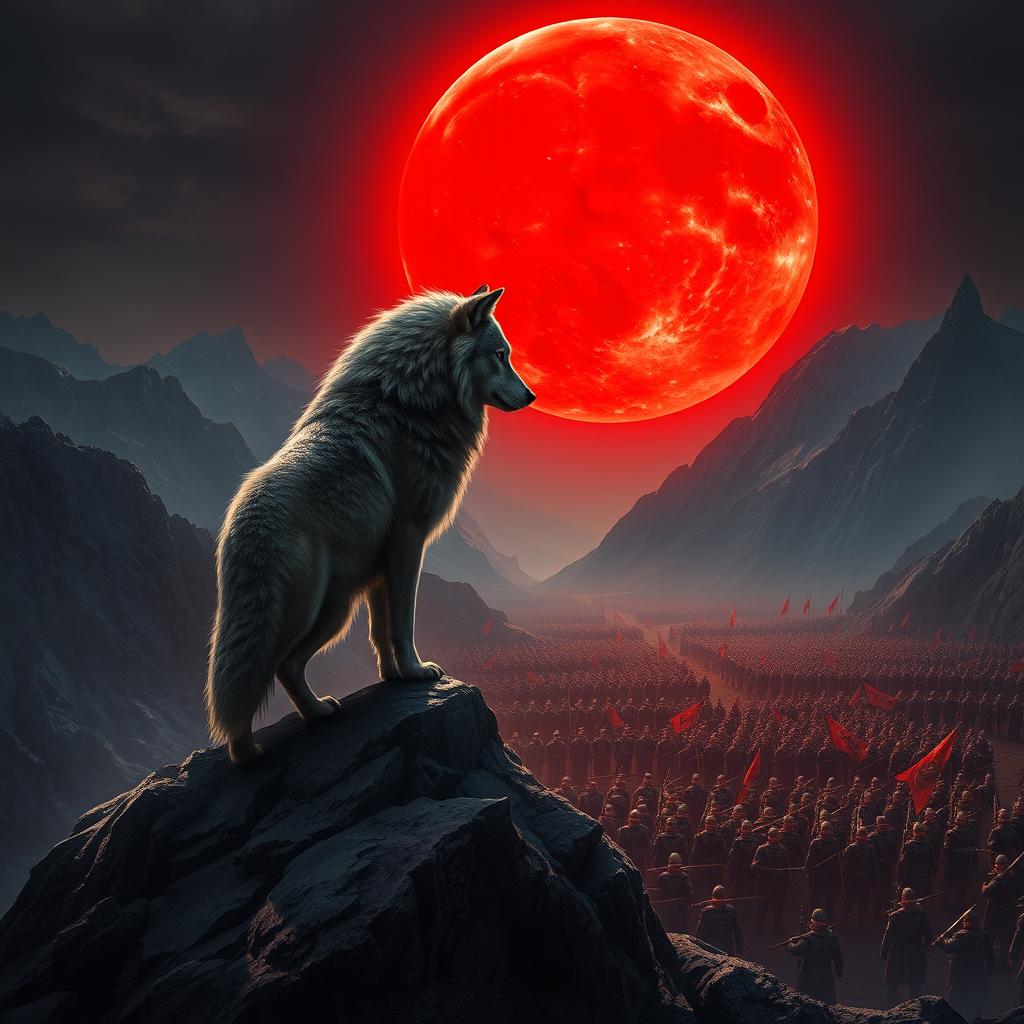 A majestic wolf standing on a rocky mountain peak, gazing down at a vast army in the valley below