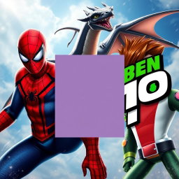 A realistic image featuring Spider-Man on the left side, a dragon flying above, and Ben 10 on the right side